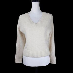 360Cashmere Womens Cream V-Neck Sweater Sz S 100% Cashmere Braided Sleeve